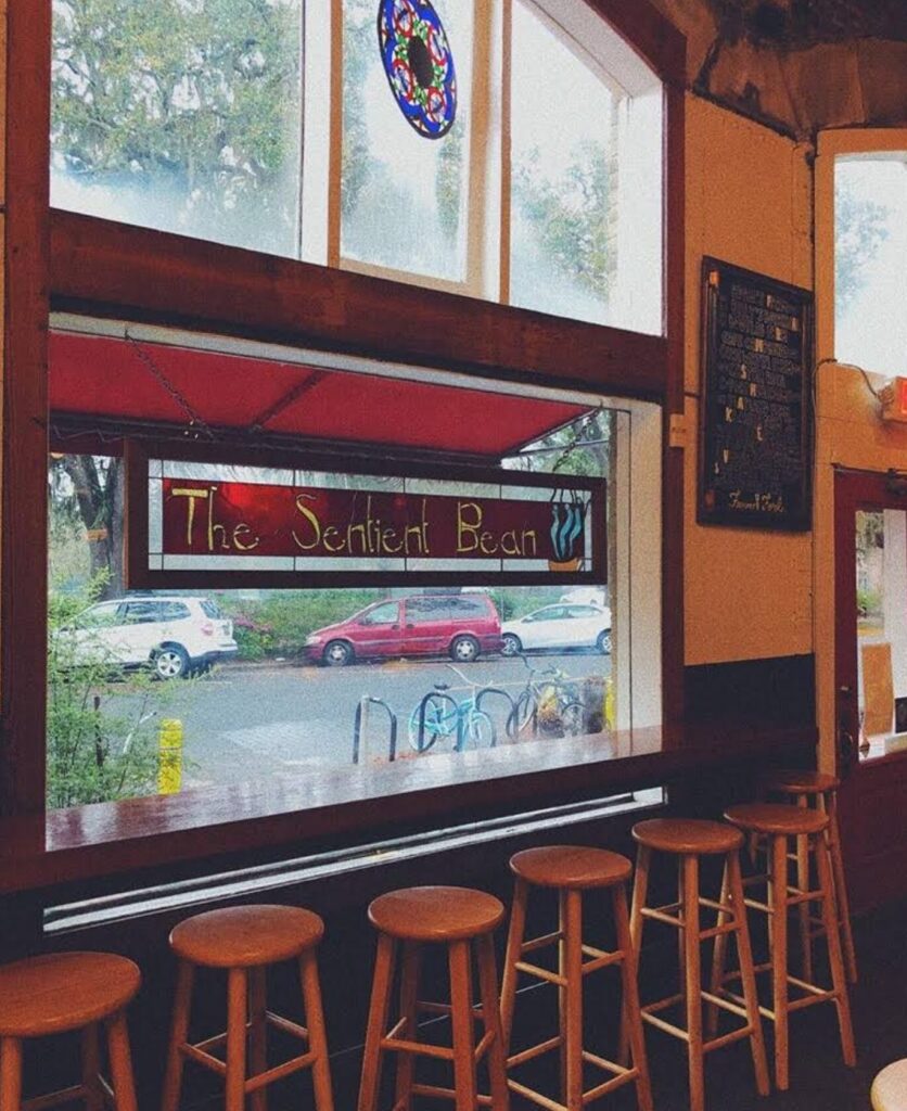 Interior view of The Sentient Bean café in Savannah, Georgia, showing a row of wooden stools lined up at a window bar facing the street. A stained glass sign with the café’s name hangs in the large front window, and colorful bicycles are visible parked outside. The atmosphere is warm and cozy with natural light streaming in.
