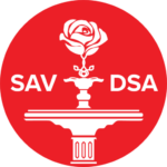 Savannah DSA logo with red circle, Forsyth Fountain, and rose
