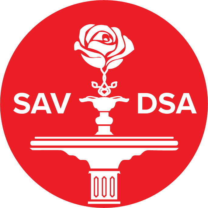 Savannah DSA logo with red circle, Forsyth Fountain, and rose
