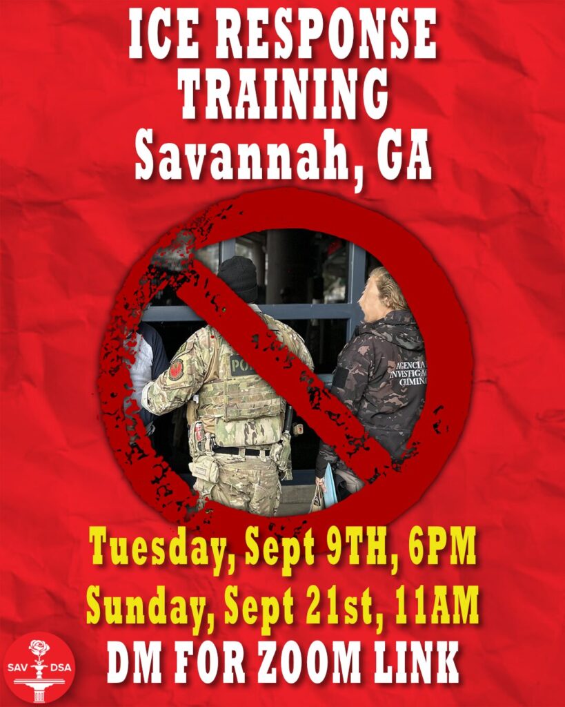 Flyer for ICE Response Training in Savannah, GA, with a red crumpled paper background, bold protest-style text, and a large red circle-slash symbol overlaying two ICE agents.