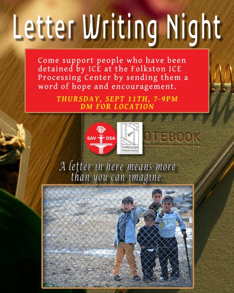 Flyer for Savannah DSA’s Letter Writing Night on Sept 11, 7–9PM. The flyer invites members to support people detained at Folkston ICE Processing Center by sending letters of hope.