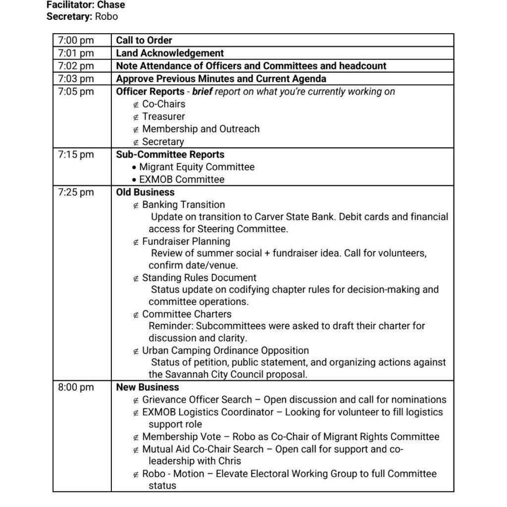 Example agenda layout for Savannah DSA meetings