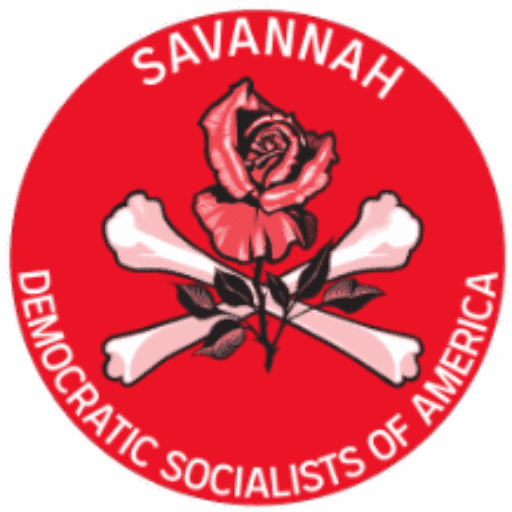 Red Circular logo. A rose in front of crossbones. The word "Savannah" in an arch at the top of the logo and at the bottom "Democratic Socialists of America"